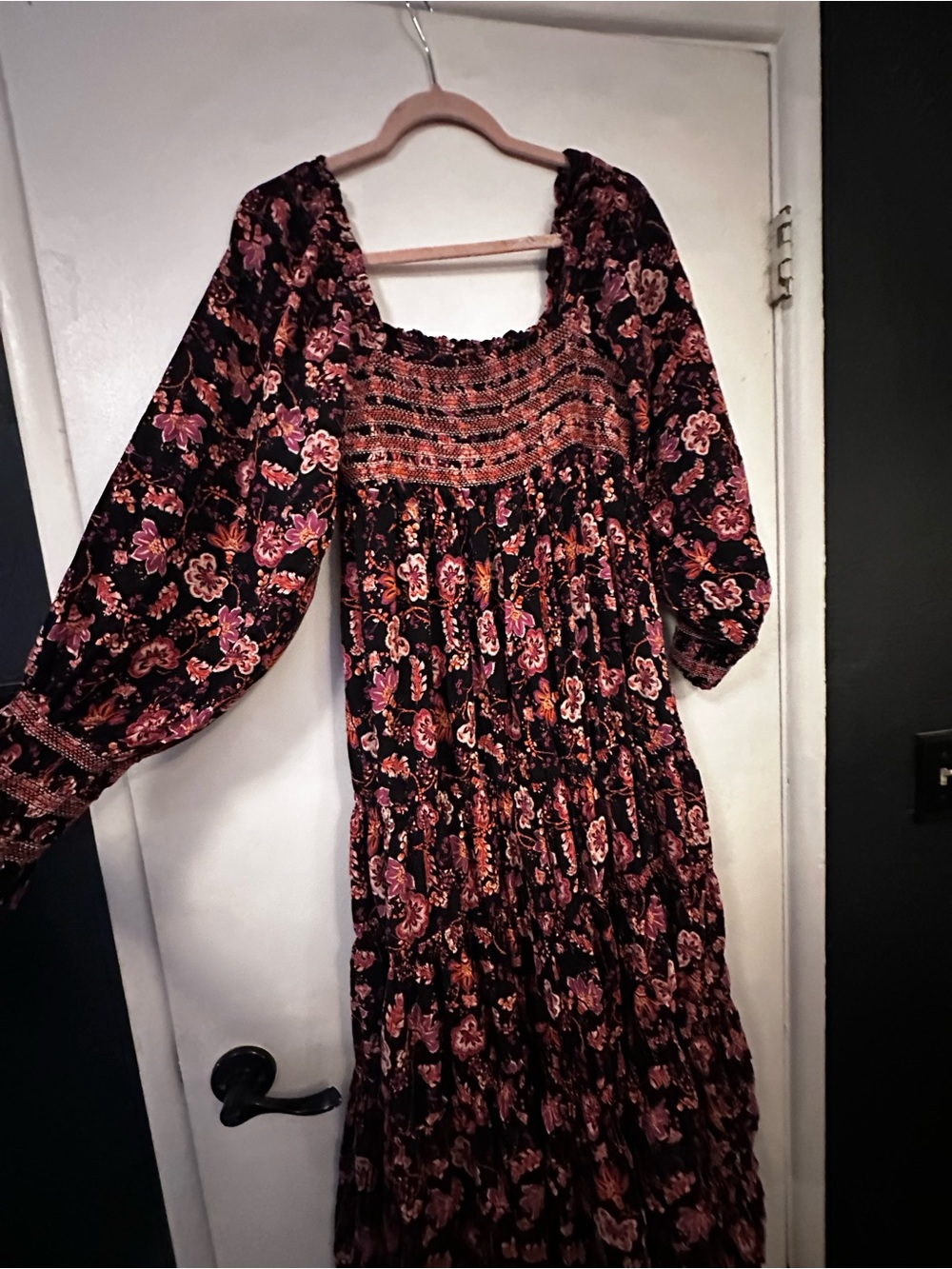 Free People Black Floral Smocked Midi Dress with Pink Accents - Picture 2 of 4